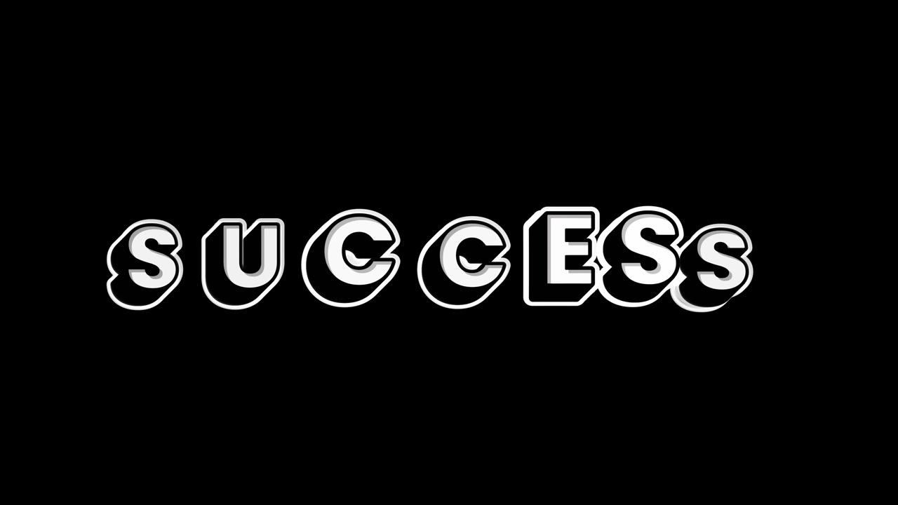 Animeret succes-tekst vises på sort baggrund.