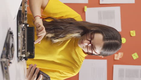 Vertical-video-of-Seriously-smart-girl-child-focused-with-tech-stuff-achieves.