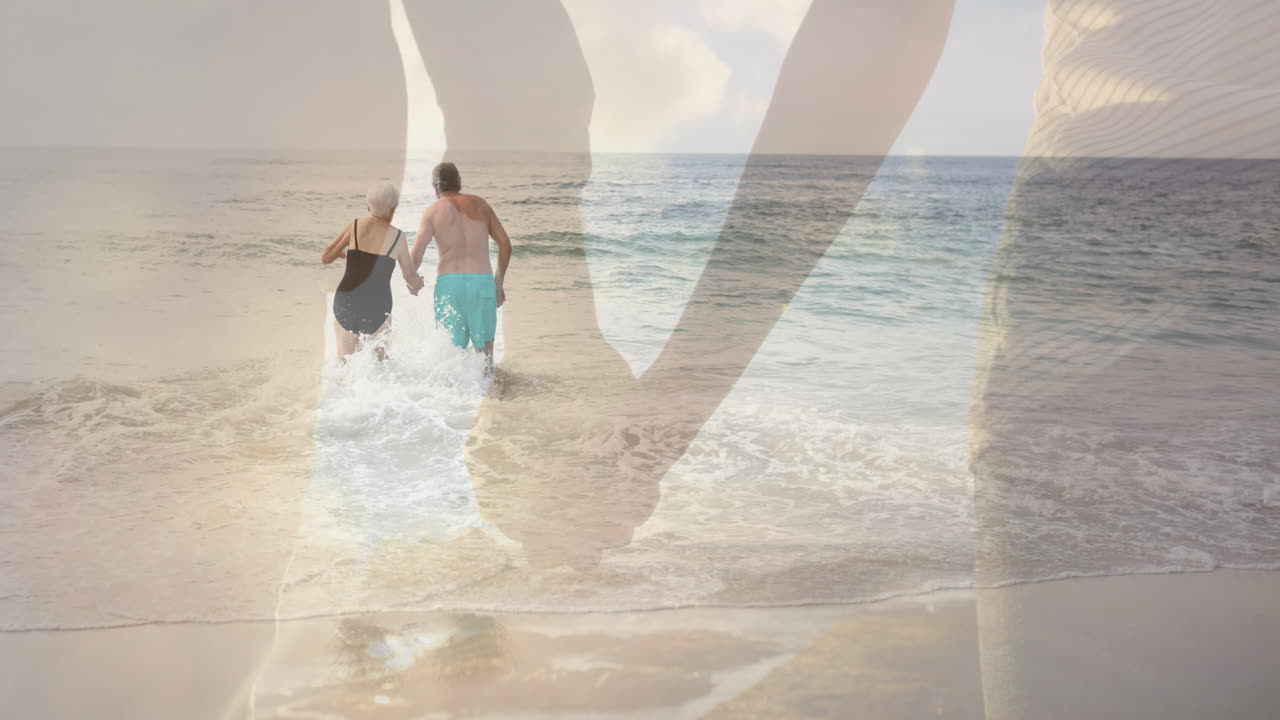 해변 에서 백인 노인 부부 가 손 을 잡고 있는 애니메이션