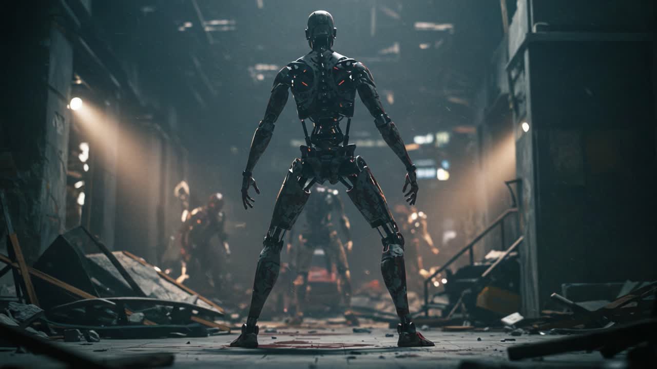 A striking portrayal of humanoid androids in a dystopian setting, showcasing advanced robotics amidst a decaying industrial landscape, highlighting a fusion of technology and desolation