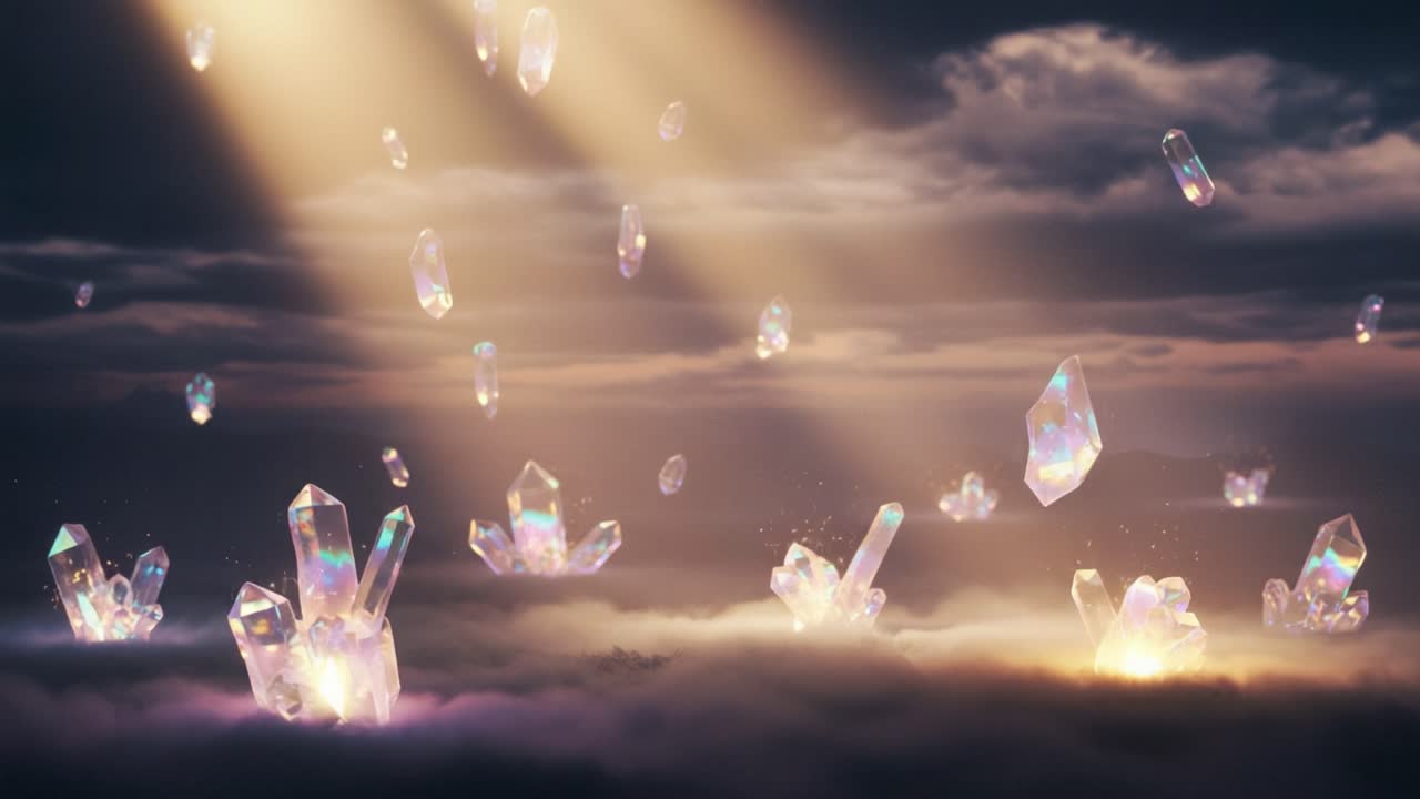 Radiant Crystals Emanating from Ethereal Clouds Illuminated by Celestial Beams, Creating a Magical Spectacle of Colorful Light and Natural Beauty
