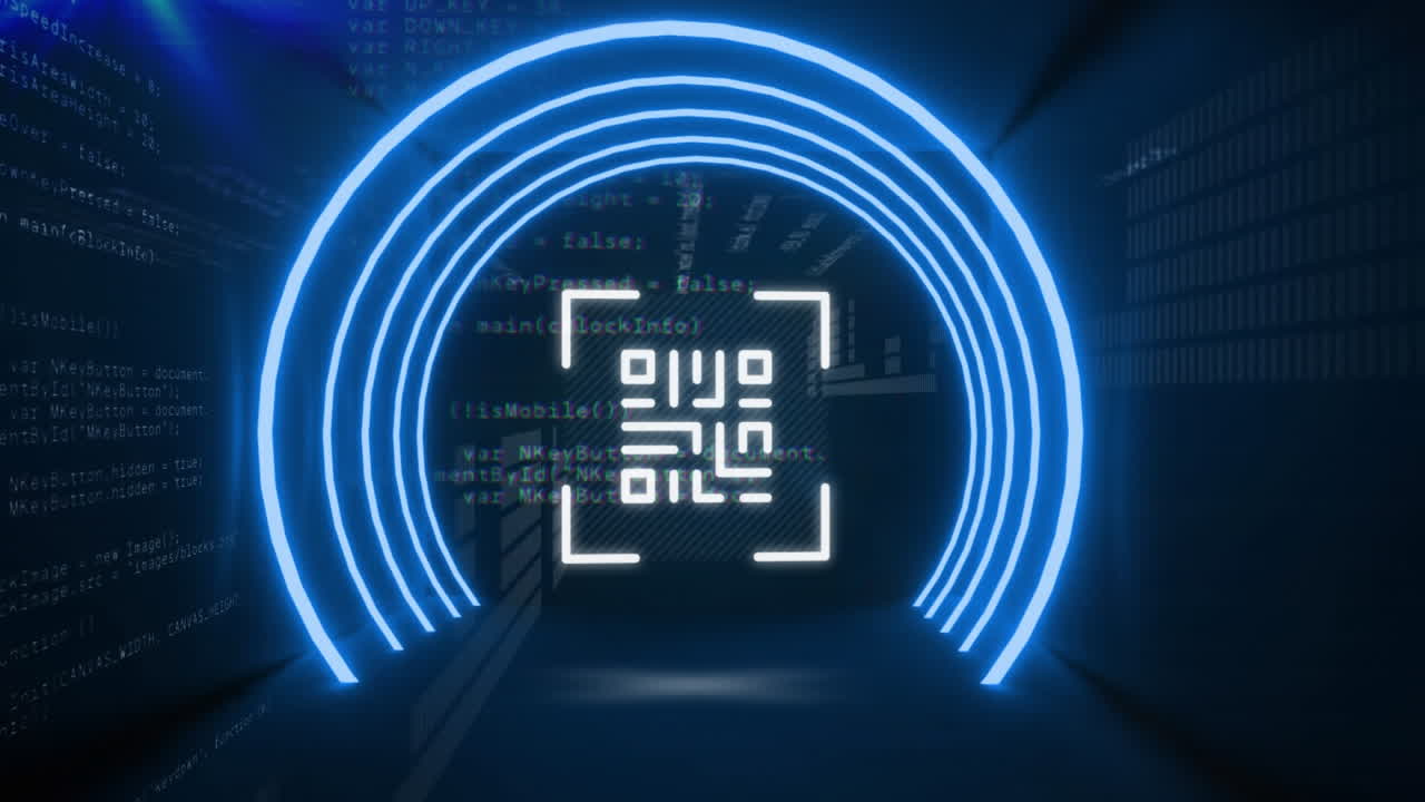 QR code scanner with neon elements against data processing