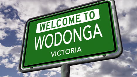 welcome to wodonga, victoria, australia, city road sign, realistic 3d animation