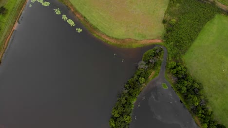 toma panorámica aérea de un lago y tierras de cultivo