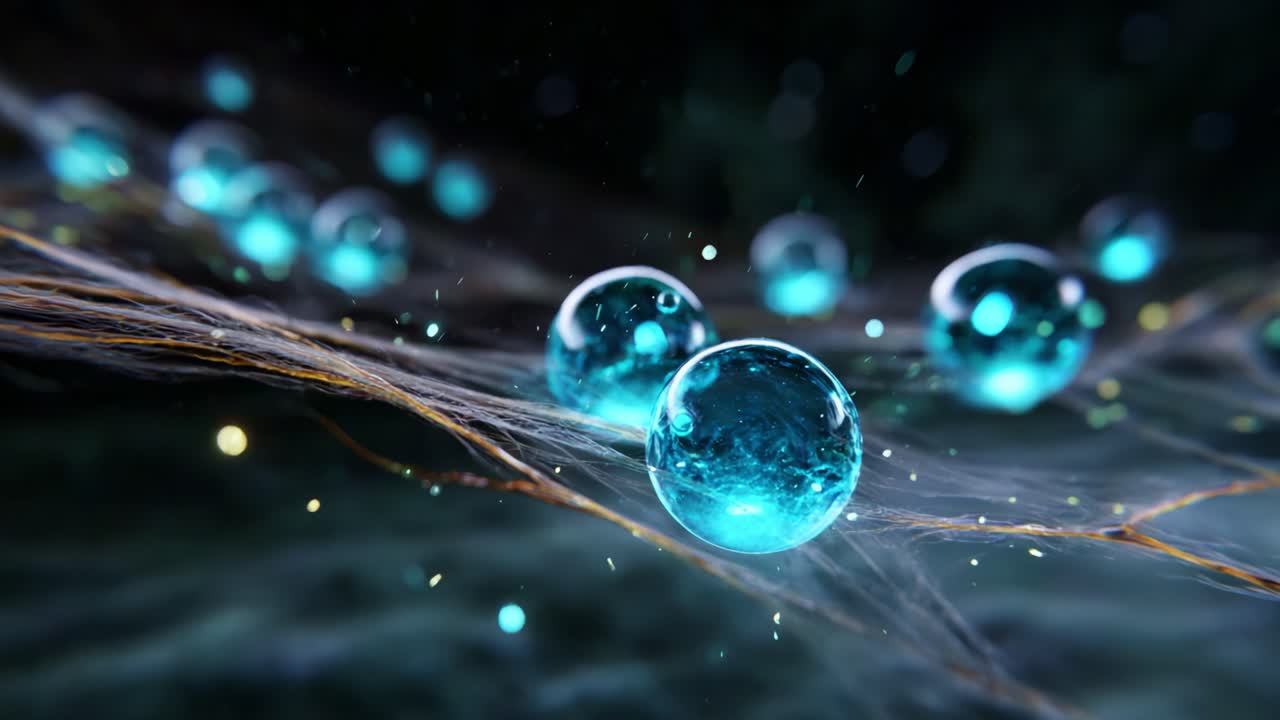 Stunning Close-Up of Glowing Blue Spheres on Delicate Threads, Evoking a Sense of Mystery and Depth with Striking Visuals in an Immersive Abstract Environment