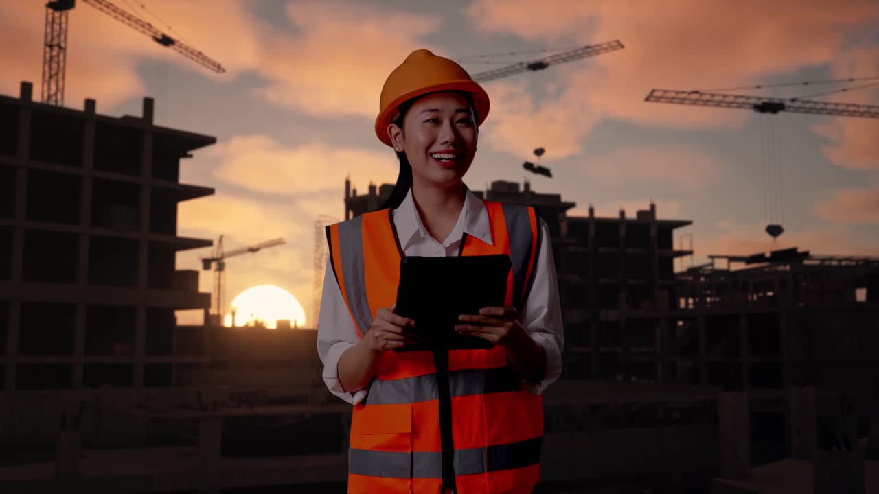 Asian Female Engineer With Safety Helmet Looking At The Tablet In Her Hand And Looking Around While Standing At Construction Site in Progress to New House