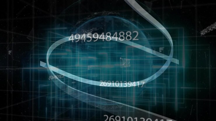 Semi transparent globe emitting glowing ribbon arcs and floating numeric stream in 3D grid render