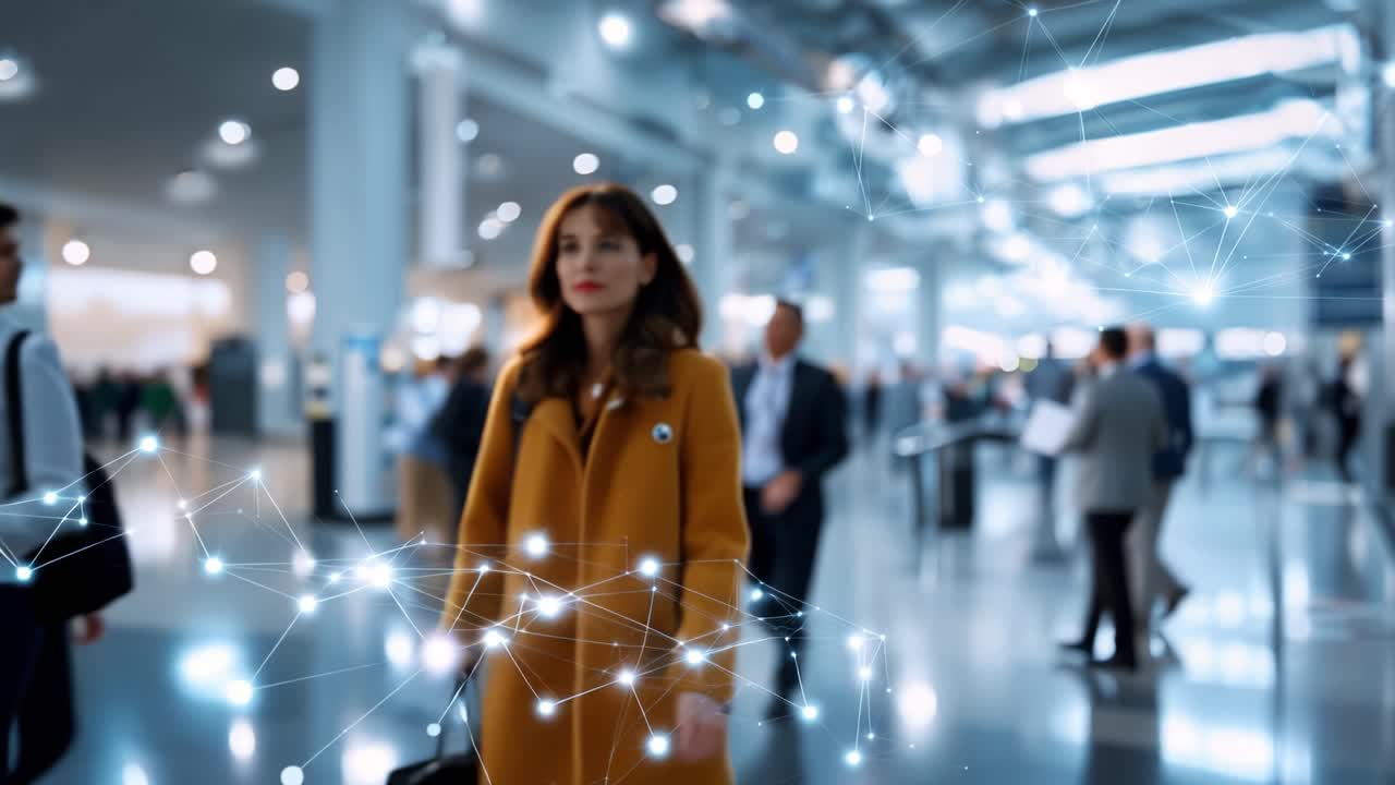 Un ambiente urbano dinamico catturato: persone indaffarate si muovono attraverso un moderno terminal aeroportuale arricchito da elementi di connettività digitale.