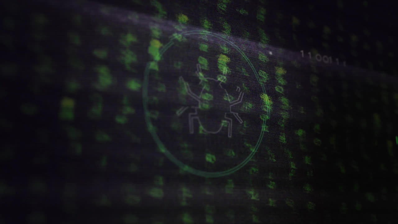 Animation of data processing and bug icon on black background