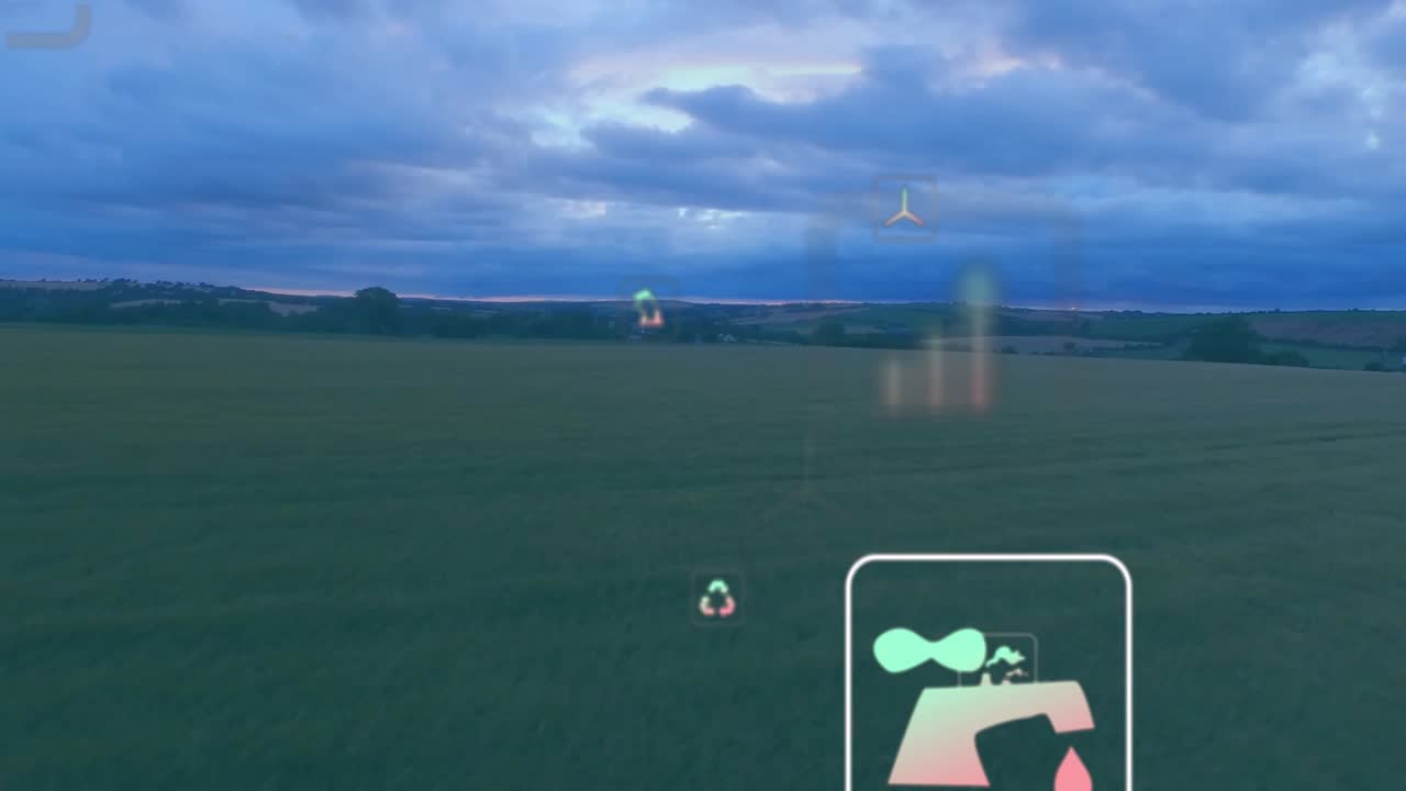 Panoramica aerea su terreni agricoli con icone che iniziano ad animarsi per mostrare metriche ambientali.