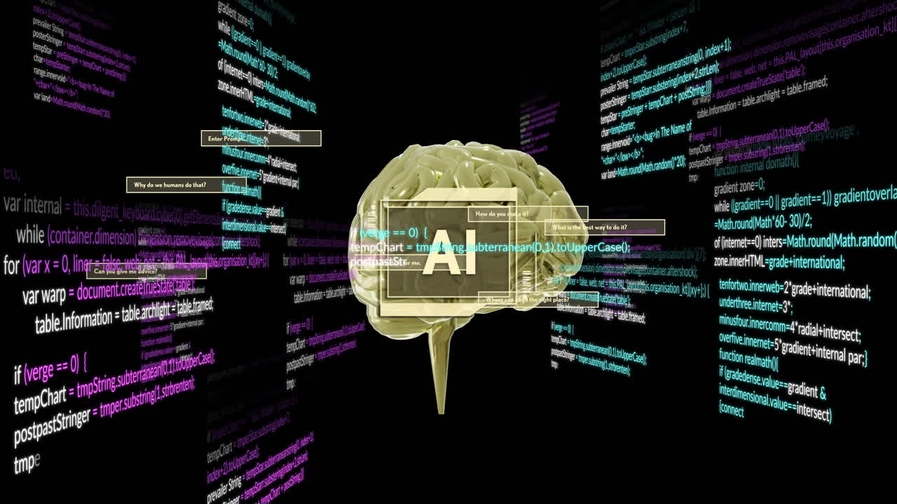 Animation of human brain and ai data processing over black background