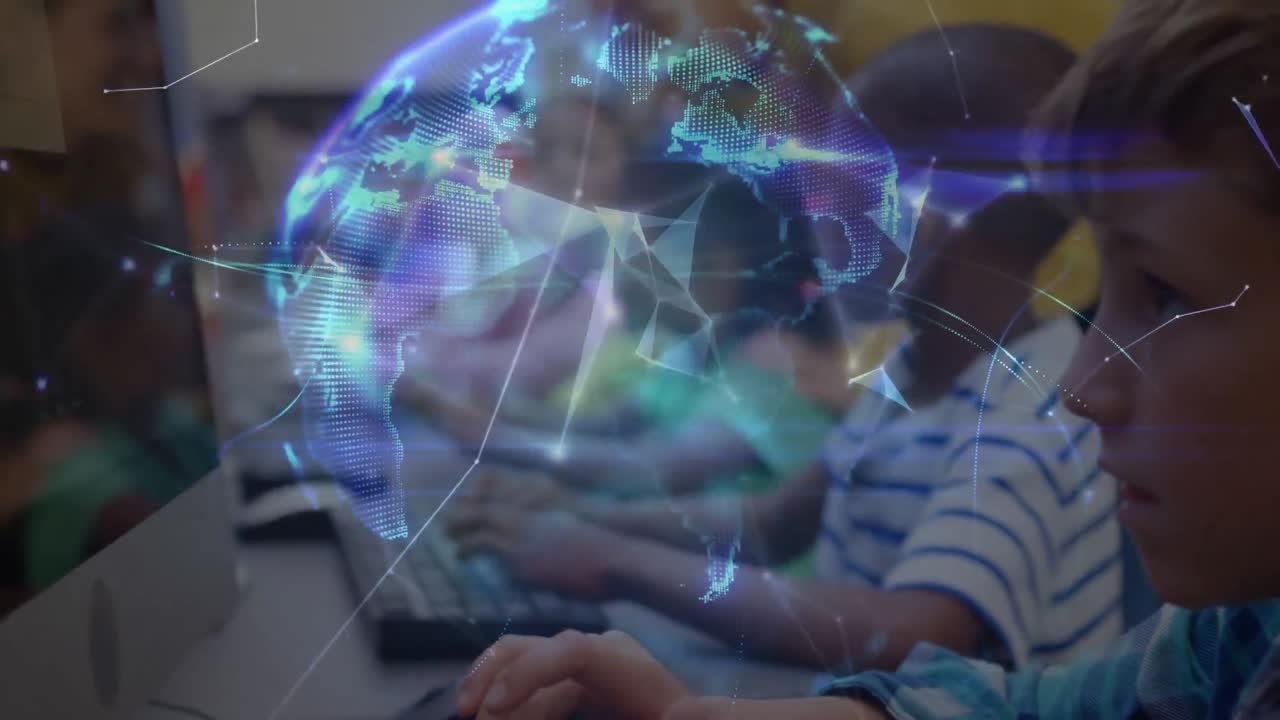 animación de redes de conexiones y globo sobre diversos escolares y maestros en el aula