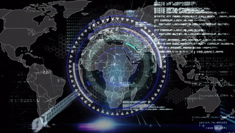 animation of scope scanning over world map with data processing on black background