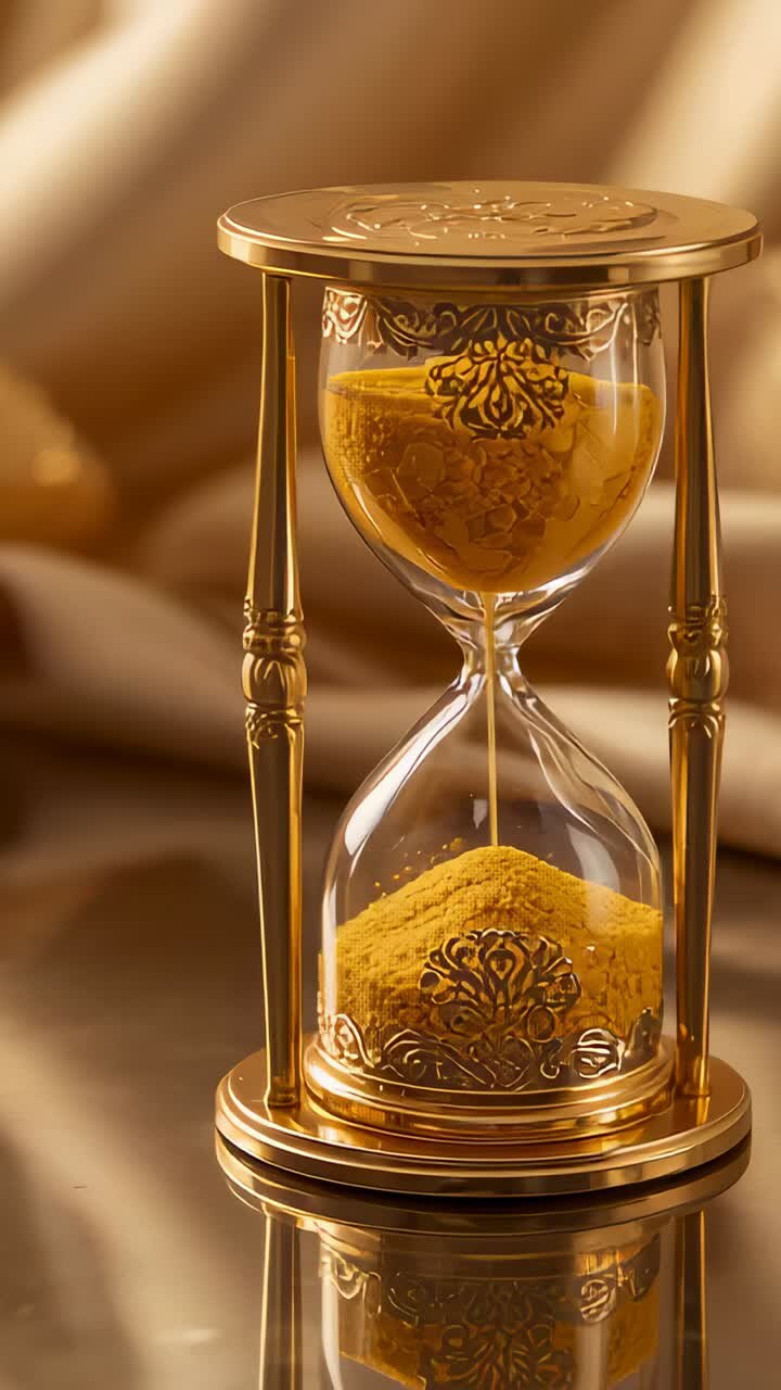 Vertical video: Gravity pulling sand, ornate hourglass forming mound on glass base measuring time