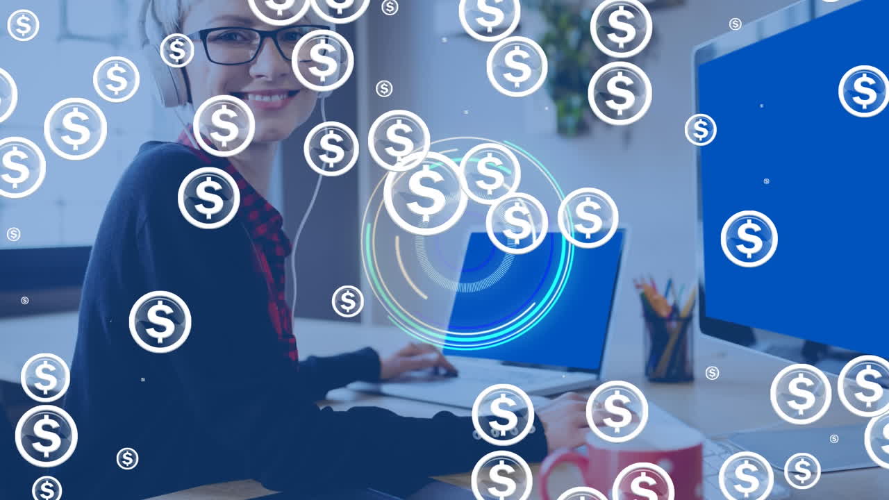 animación de la caída del dólar cantar sobre las mujeres caucásicas usando portátil