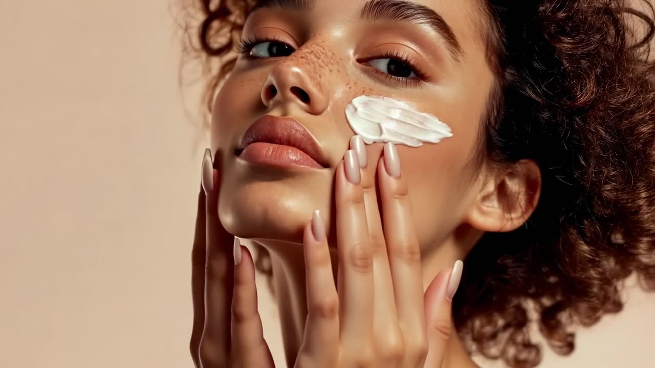 Close-up de uma mulher aplicando creme no rosto, destacando a rotina de skincare