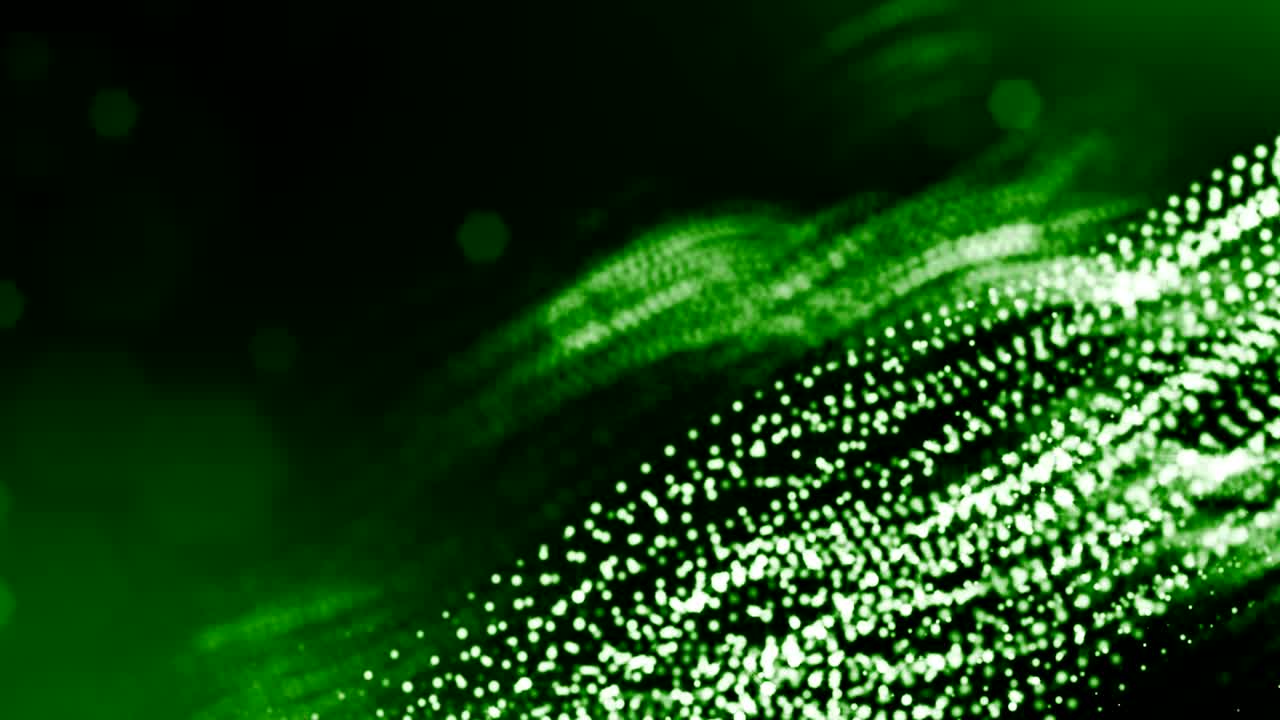 3d-рендер светящихся частиц в виде научной фантастики или современного абстрактного зеленого фона частиц с глубиной поля и боке, похожим на петлю ви. частицы образуют линейную и волнистую структуру.