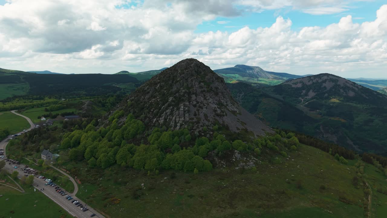 aerial shot around the Mont Gerbier de Jonc on an overcast day of spring, in Ardeche, Auvergne Rhone Alpes region, France