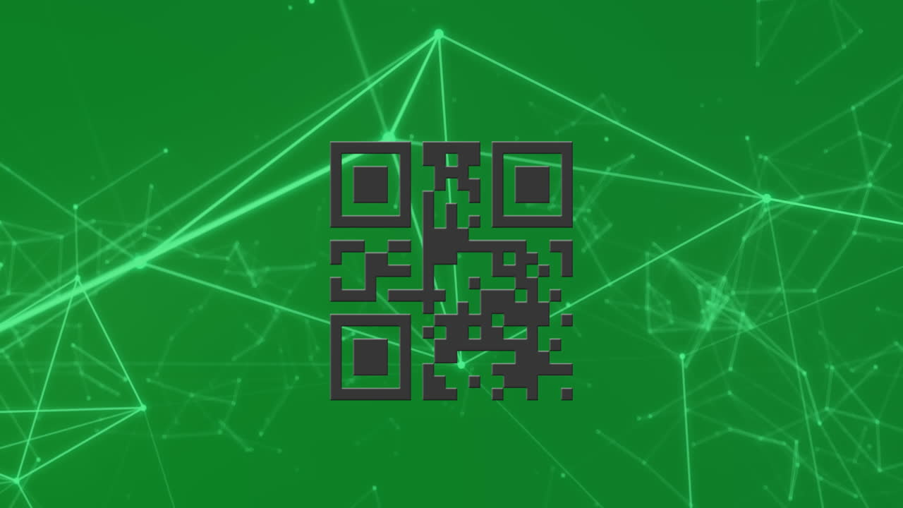 animación del código qr con una red blanca de conexiones sobre fondo verde