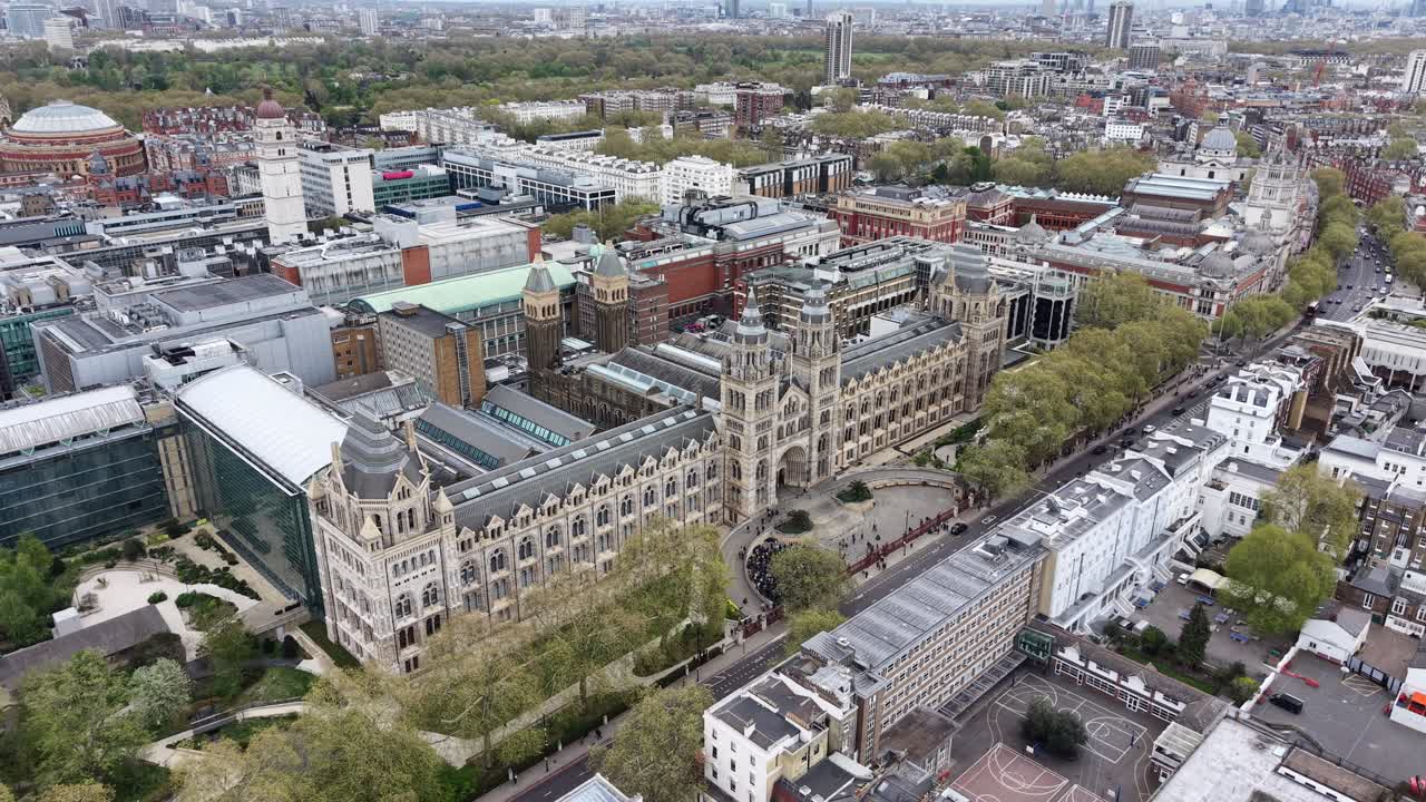 Crowds queuing outside Natural History Museum London drone aerial view