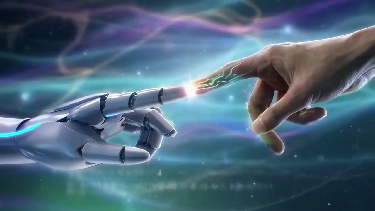 Dito umano che tocca un dito robotico creando una connessione digitale
