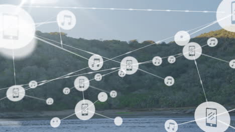 animation of network of connections with icons over landscape