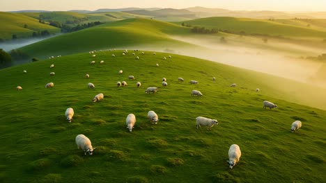 a serene morning among rolling green hills: overhead view of grazing sheep in lush pastures surrounded by misty landscapes