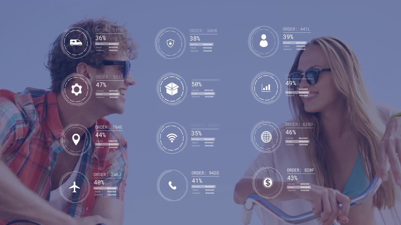 animación de iconos y procesamiento de datos sobre personas caucásicas hablando en la playa