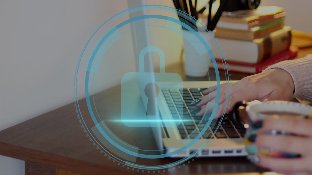 Man typing on laptop keyboard, keystrokes initiating cyber security HUD rings, padlock centering
