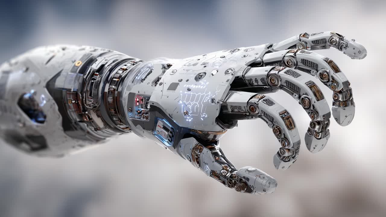 A Detailed Exploration of a Robotic Hand Transitioning from an Open Palm to a Closed Fist, Showcasing Advanced Technology and Mechanical Design in a Futuristic Setting