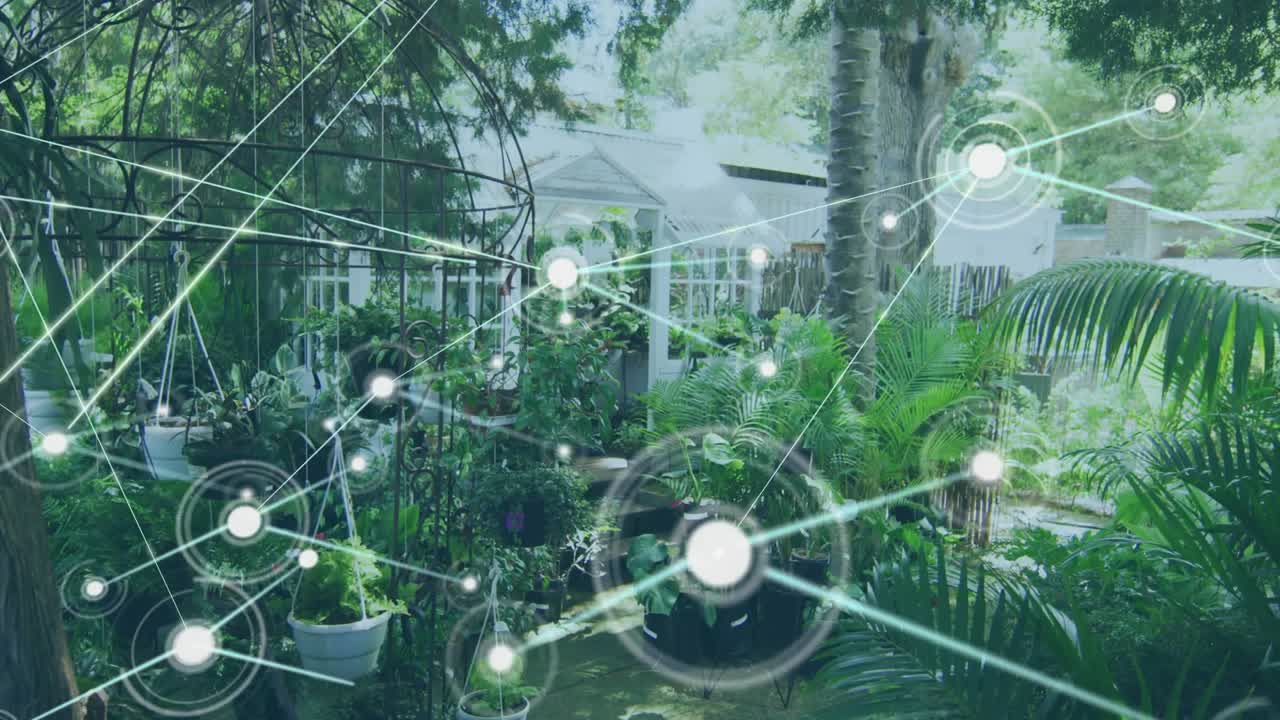Central node appearing over garden shed, emitting lines, rings, nodes, spreading network for tech