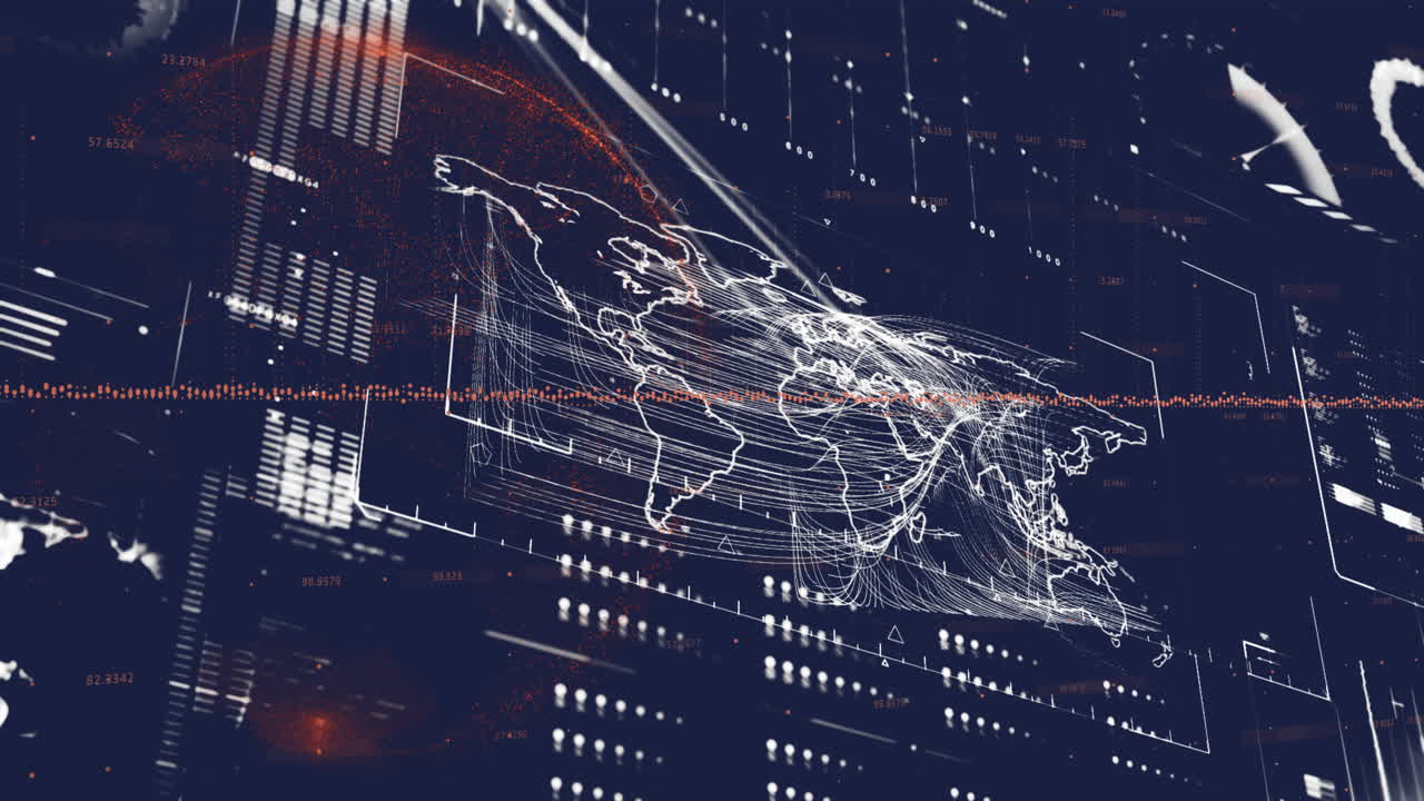 animazione della mappa del mondo e elaborazione di dati digitali su sfondo scuro