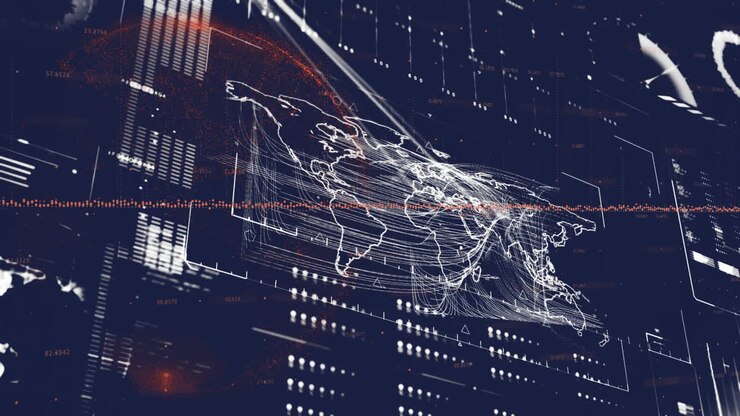 Animation of world map and digital data processing over dark background