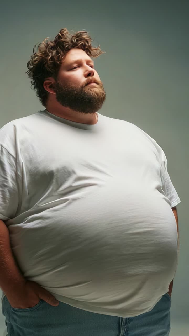 Un uomo riflessivo posa con sicurezza, mettendo in mostra il suo fisico unico in una semplice t-shirt bianca su uno sfondo dai toni tenui che enfatizza la sua presenza