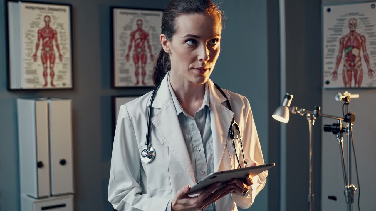 Confident female doctor working with digital tablet in medical office, reviewing patient information amid human anatomy posters on wall, showcasing professional medical expertise