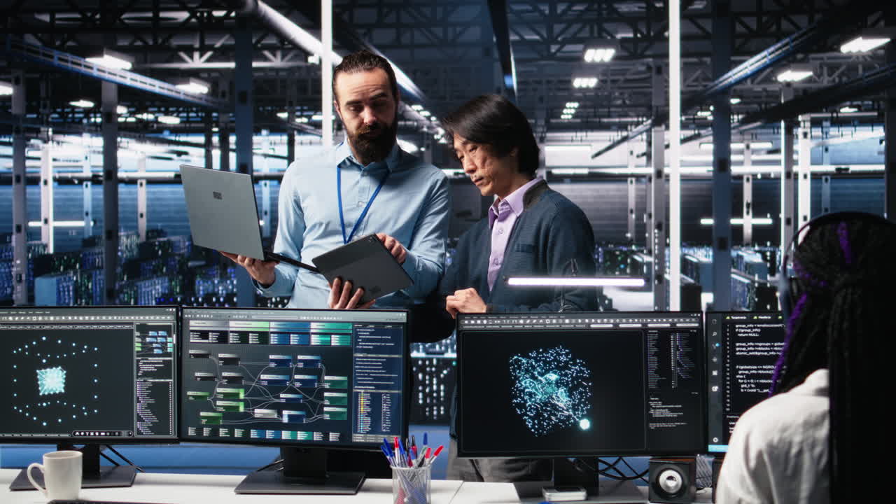 Data Center Manager Supervising Developer Using Device To Monitor Neural Network