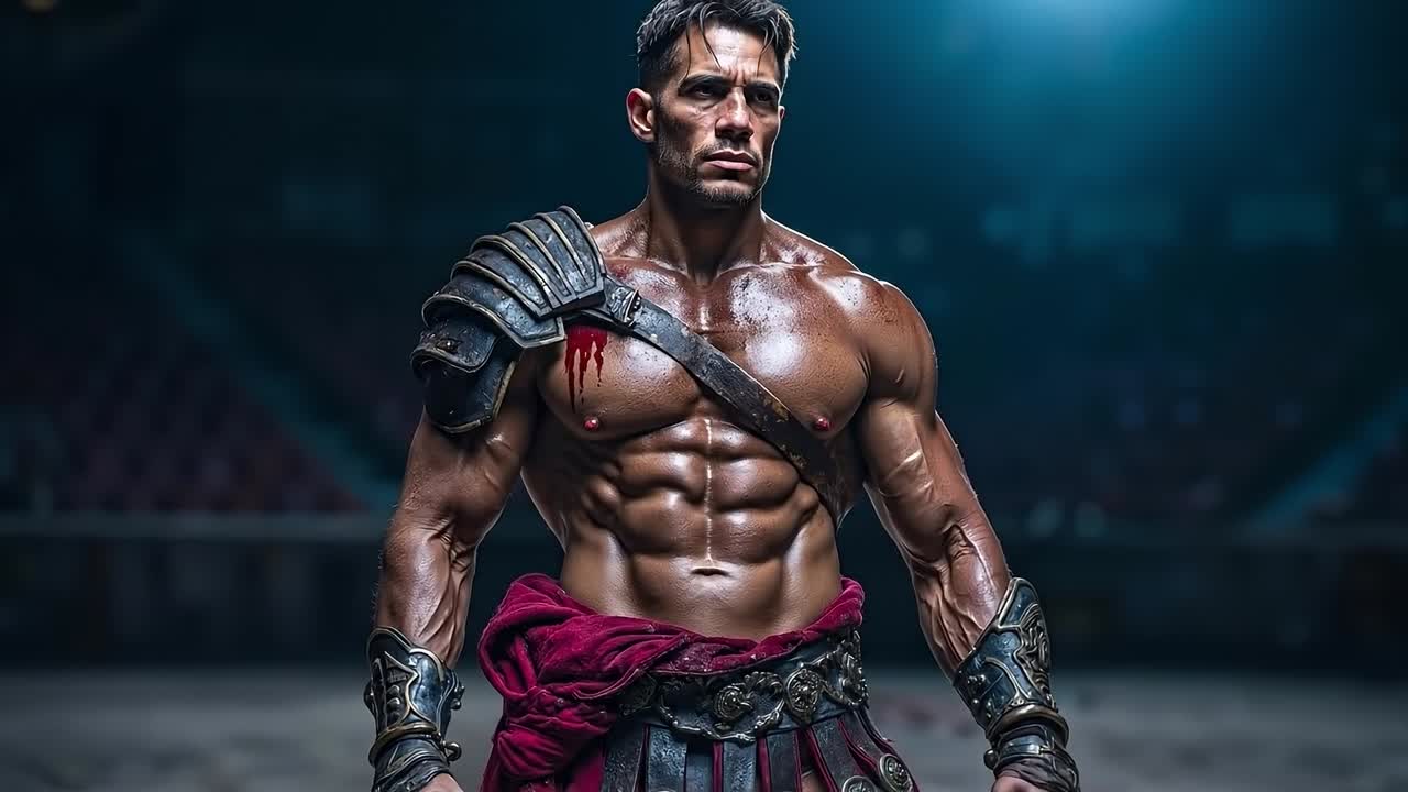 A man in a gladiator costume standing in front of a stadium