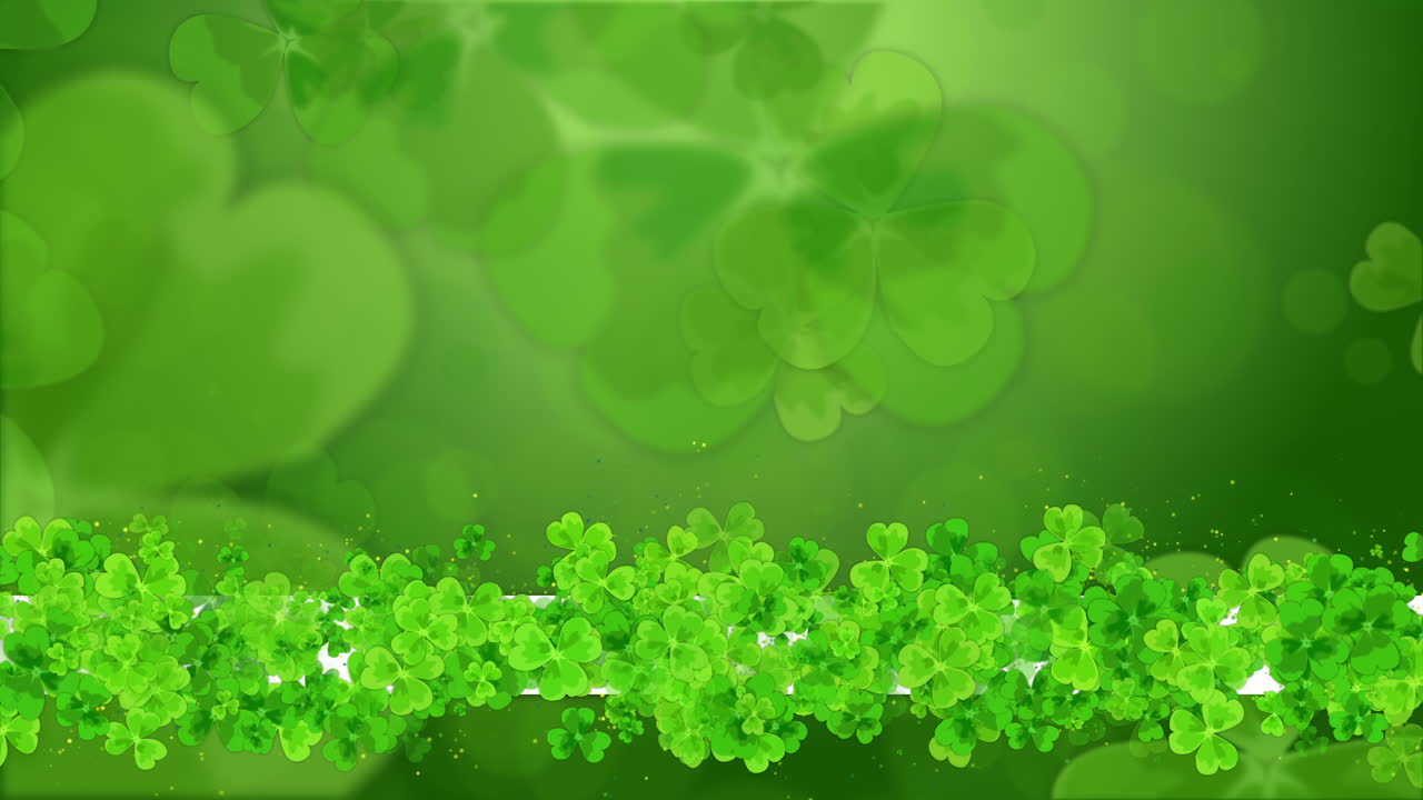 Saint Patrick's day green background. Green clover leaves pattern. Loop motion graphic. Copy space.