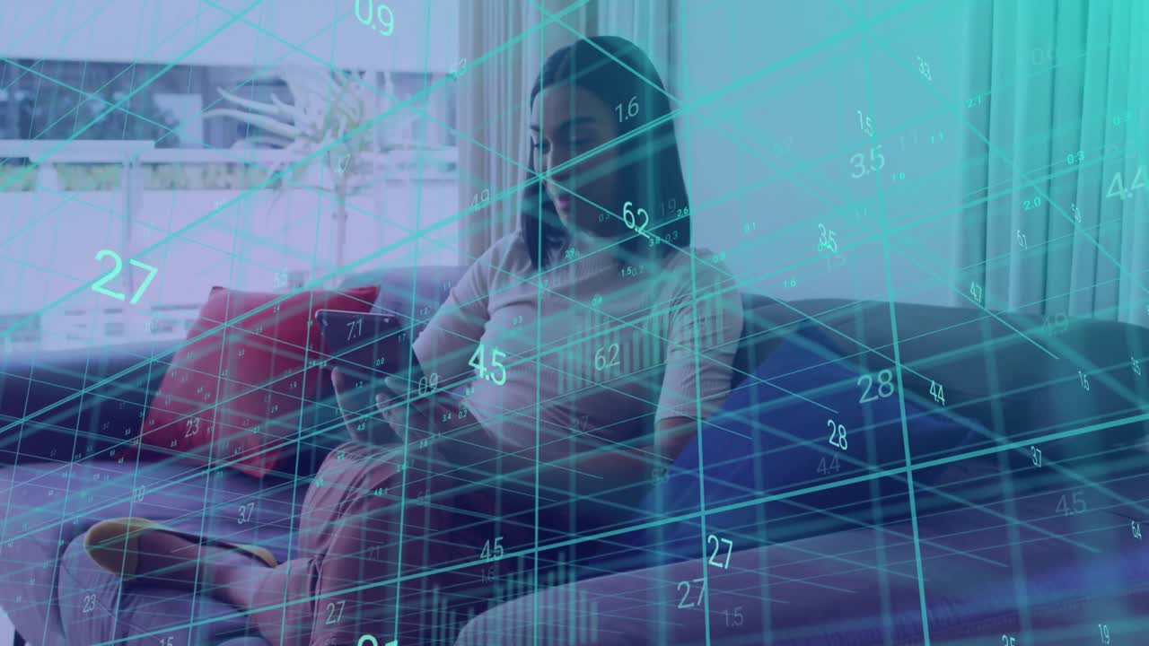 숫자의 애니메이션, 그리드에 대한 데이터 처리 및 태블릿을 사용하는 여성