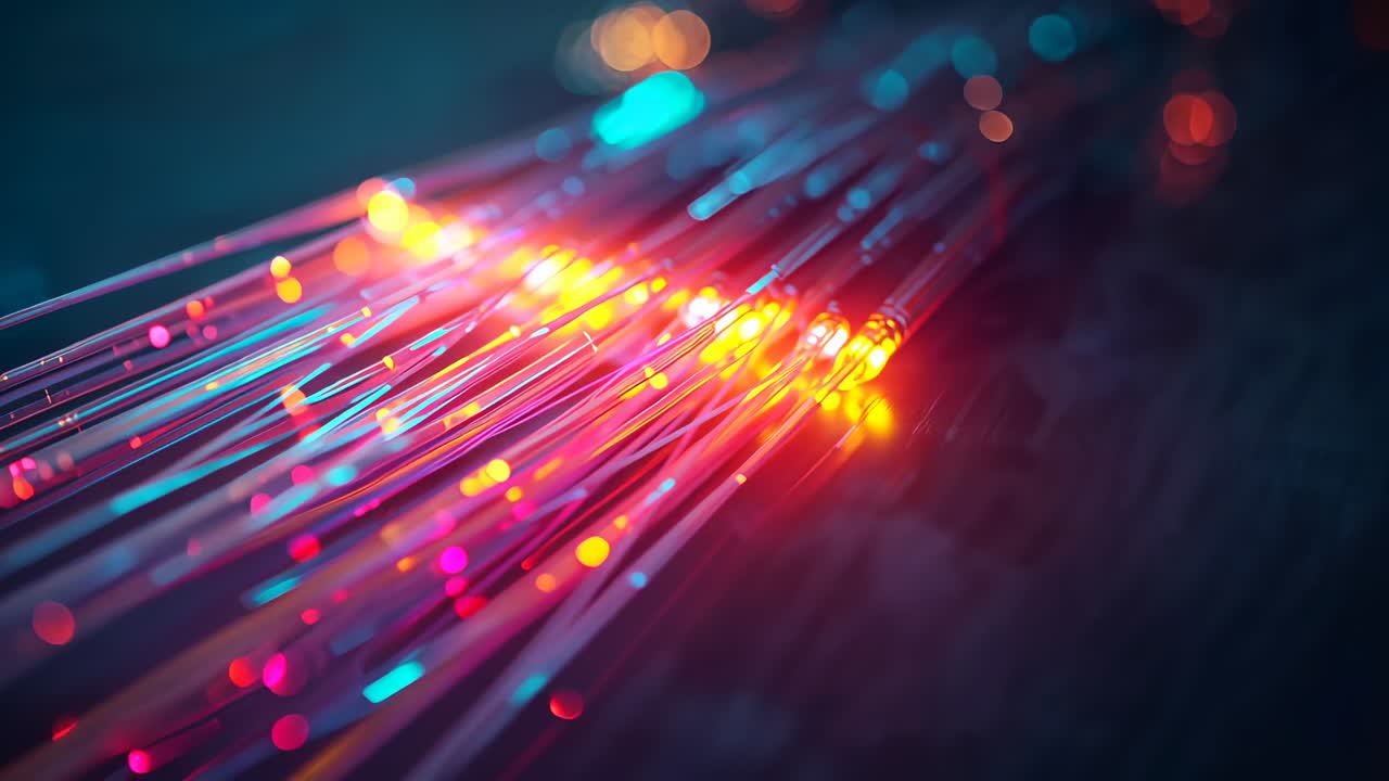 Glowing fiber optic cables intensifying into traveling colored pulses then fading in dark lab