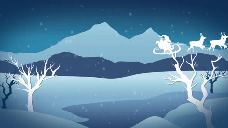 animation of santa in sleigh with reindeer over winter scenery on blue background