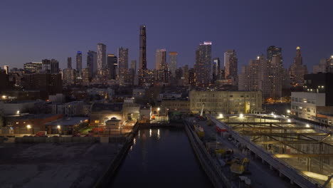 Aerial view of the Gowanus Canal. Shot in Brooklyn at night.