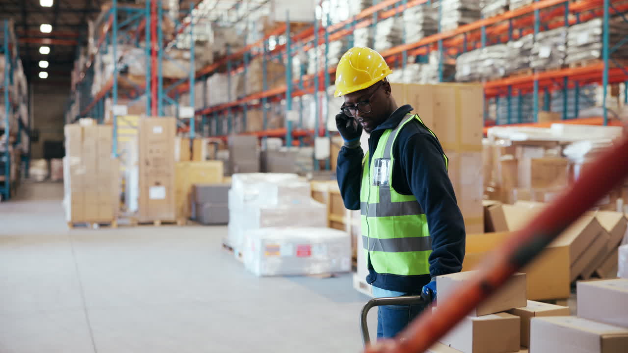 Warehouse Worker Communicating on Walkie-Talkie While Pushing Boxes