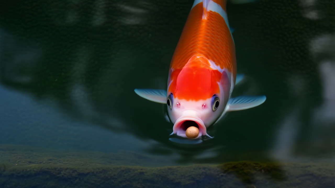 A Koi Fish Feeding on the Water Surface
