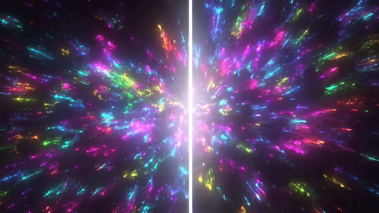 Bagliore centrale scintillante, esplosione di neon in espansione che si irradia nel vuoto nero, linea bianca verticale