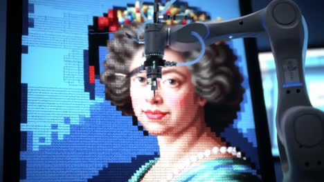 a robotic arm skillfully creating a pixelated portrait on digital canvas with intricate attention to detail in artistry and technology fusion