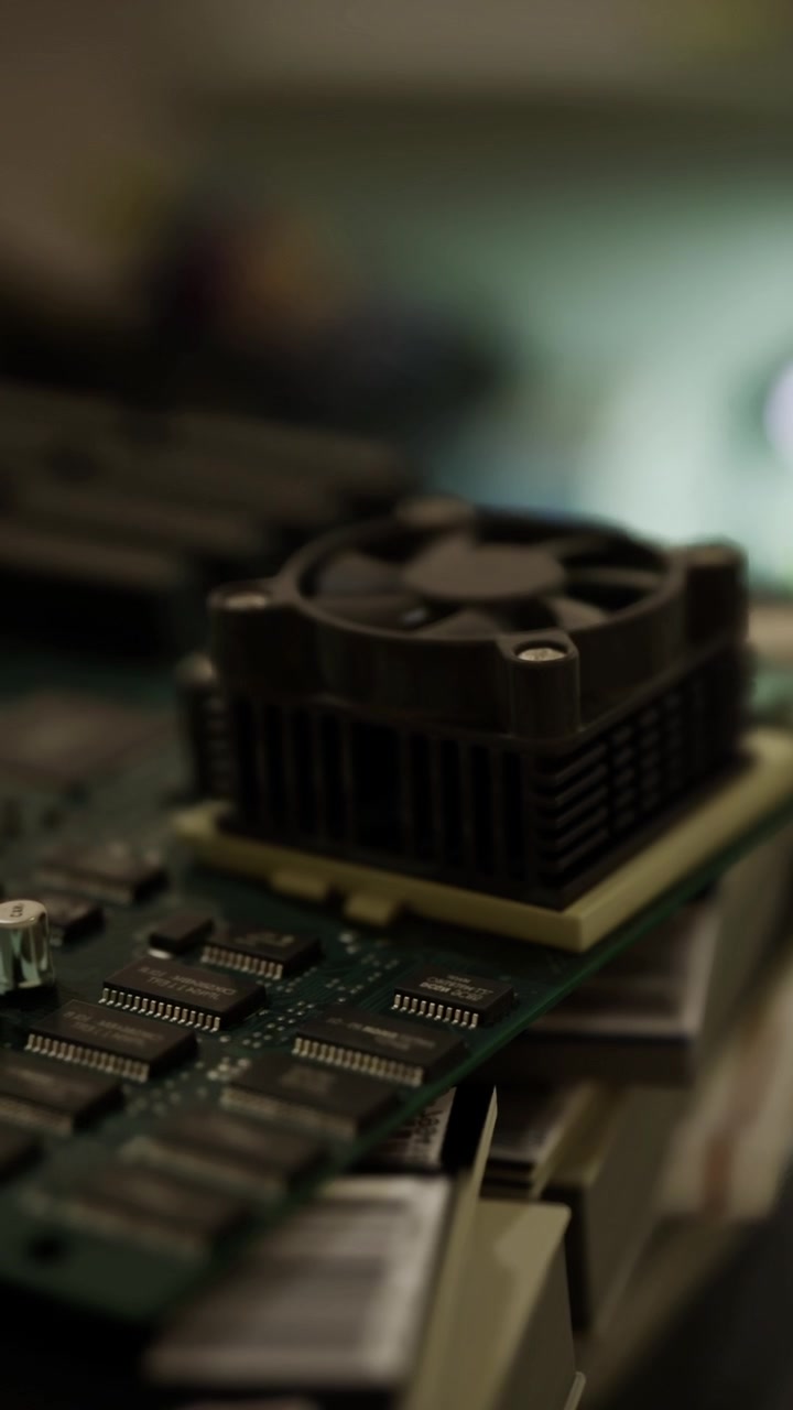 Close view of a computer circuit board with a cooling fan on it