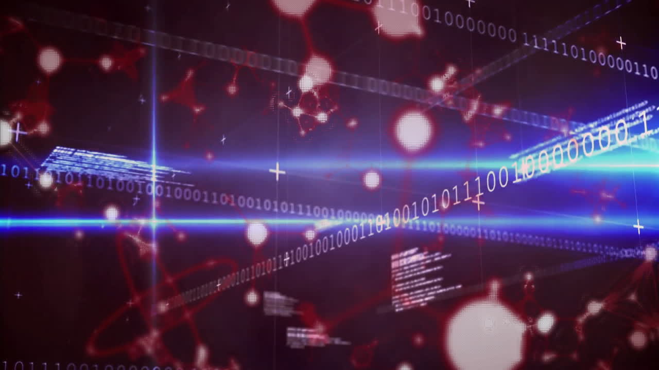 Binary digits streaming diagonally across dark field, showing glowing red nodes and blue beam in 3D