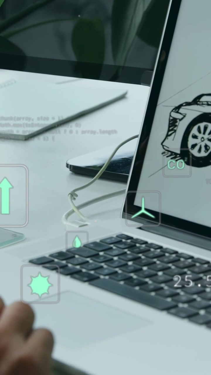 Video verticale: Mano di un designer automobilistico che gesticola sulla tastiera, attivando icone AR che mostrano metriche ecologiche.