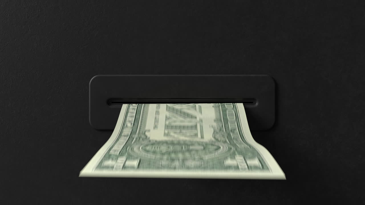 Money being dispensed from a dark slot